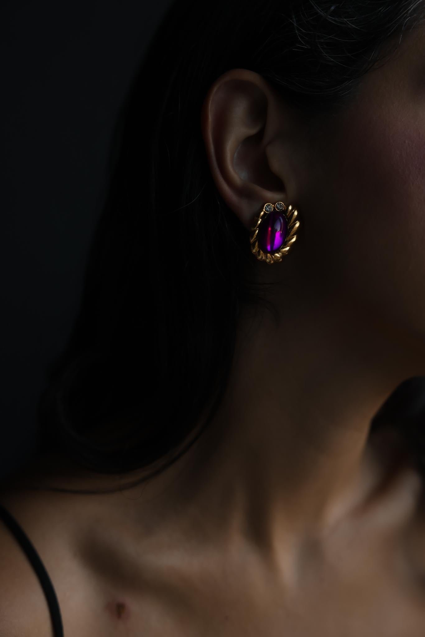 Gold Tone Purple Cabochon Clip-On Earrings