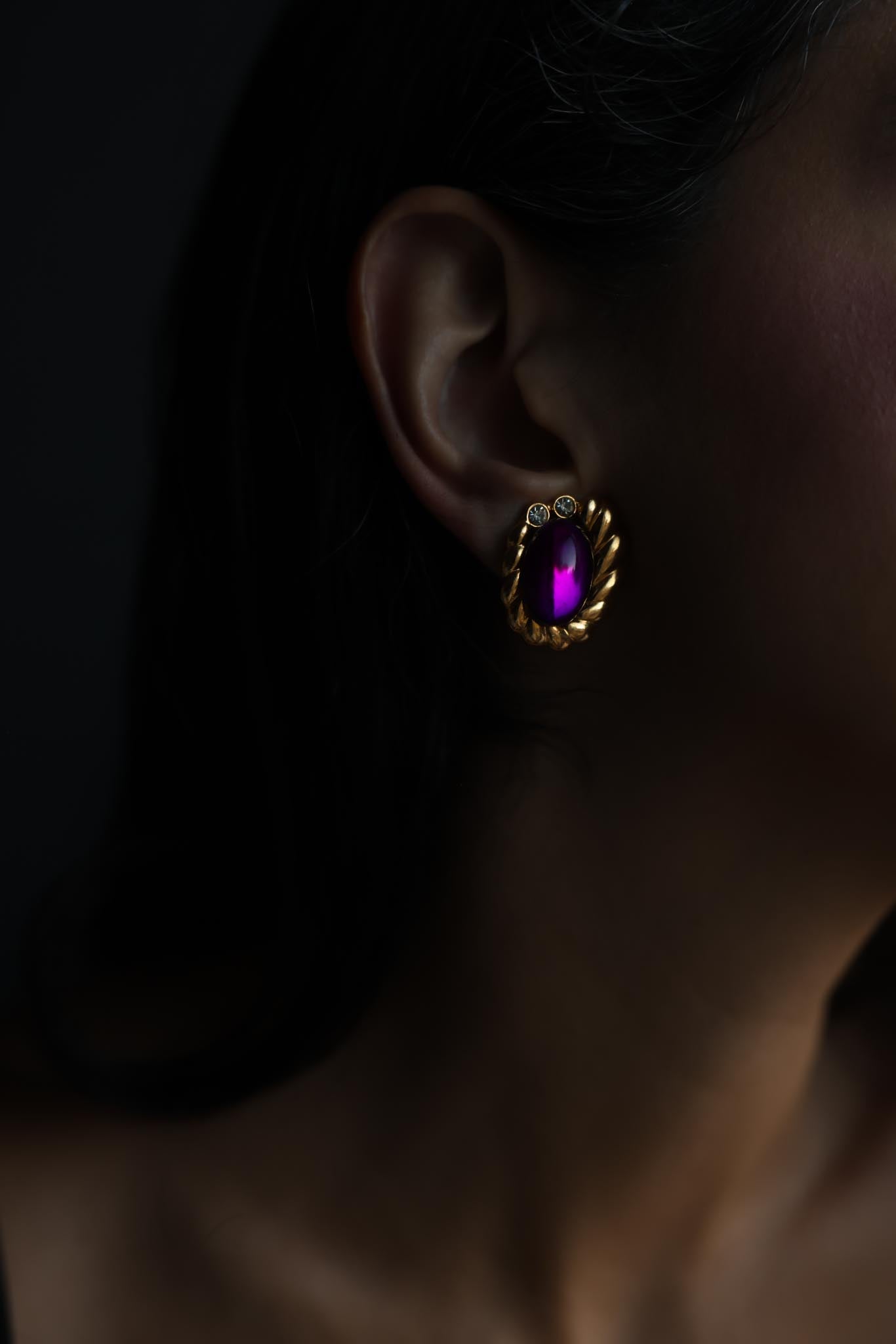 Gold Tone Purple Cabochon Clip-On Earrings