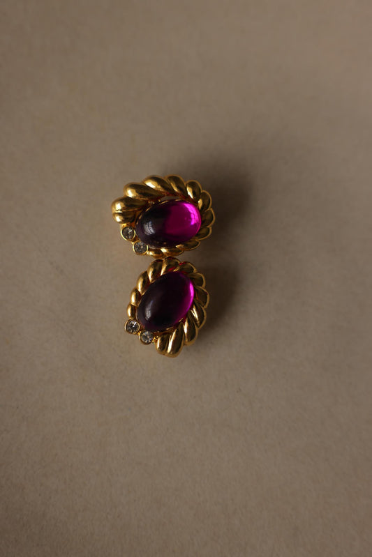 Gold Tone Purple Cabochon Clip-On Earrings|Vintage Baazaar 