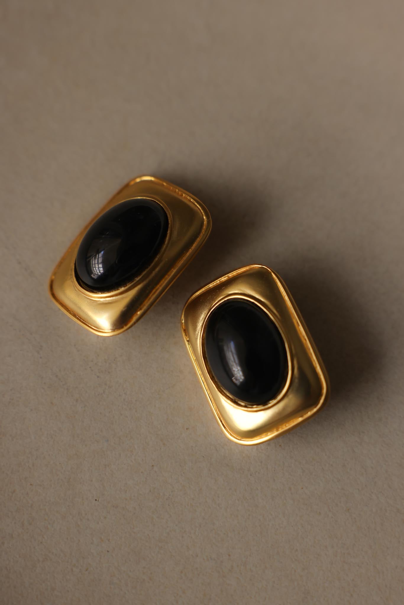 Matte Gold Black Cabochon Rectangle Clip-On Earrings