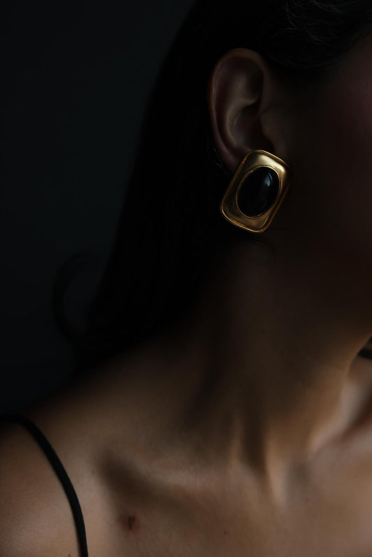 Matte Gold Black Cabochon Rectangle Clip-On Earrings