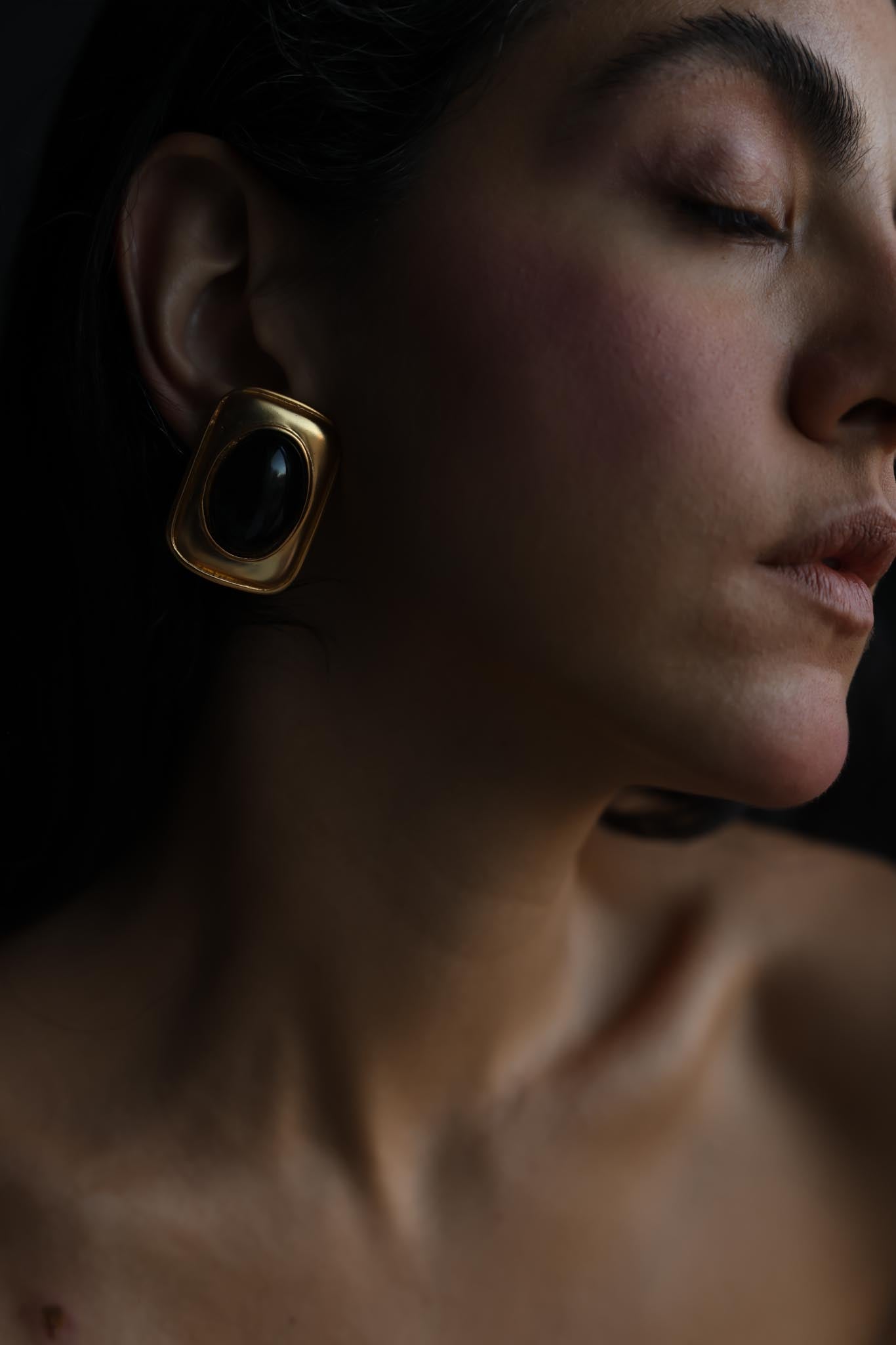 Matte Gold Black Cabochon Rectangle Clip-On Earrings
