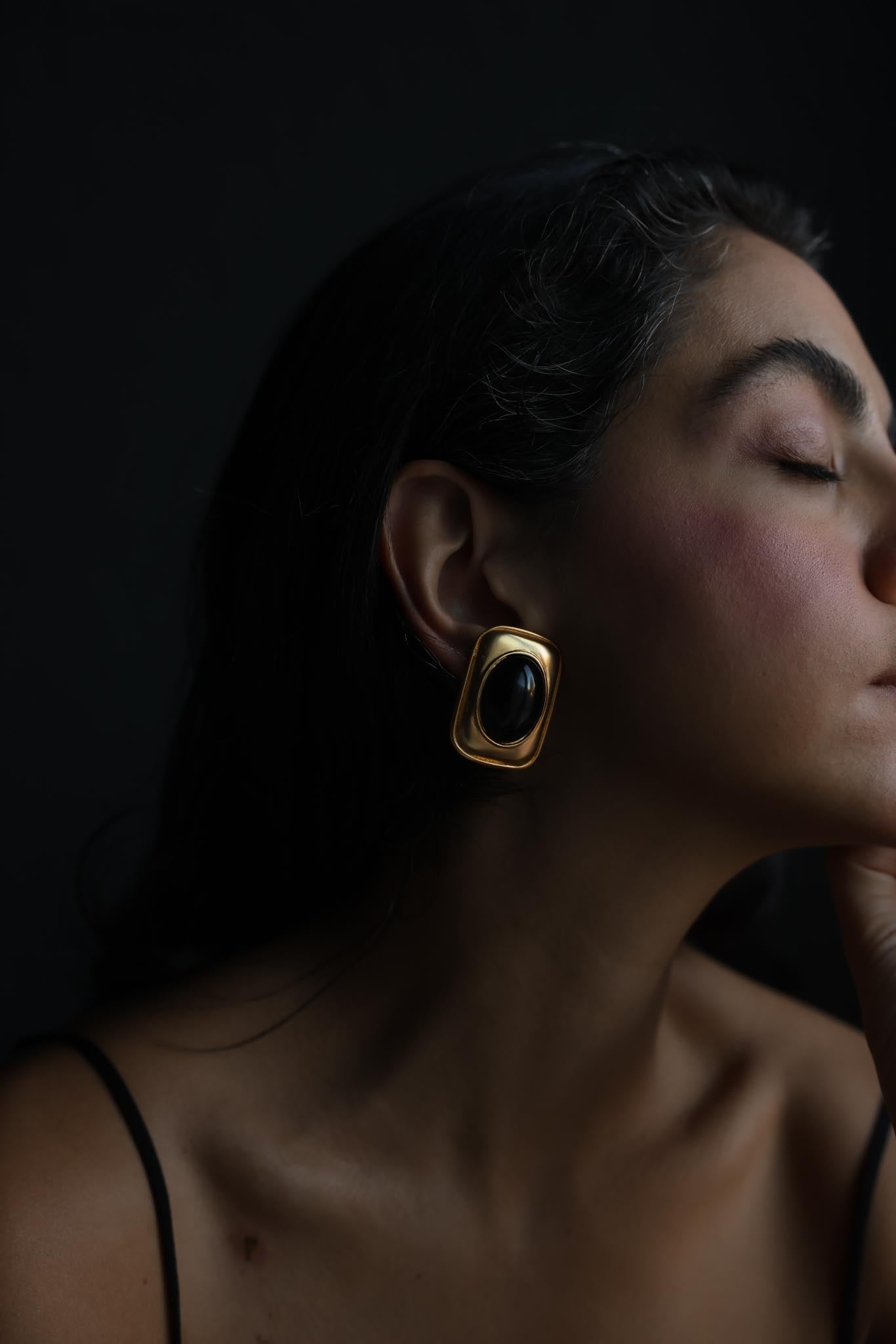 Matte Gold Black Cabochon Rectangle Clip-On Earrings