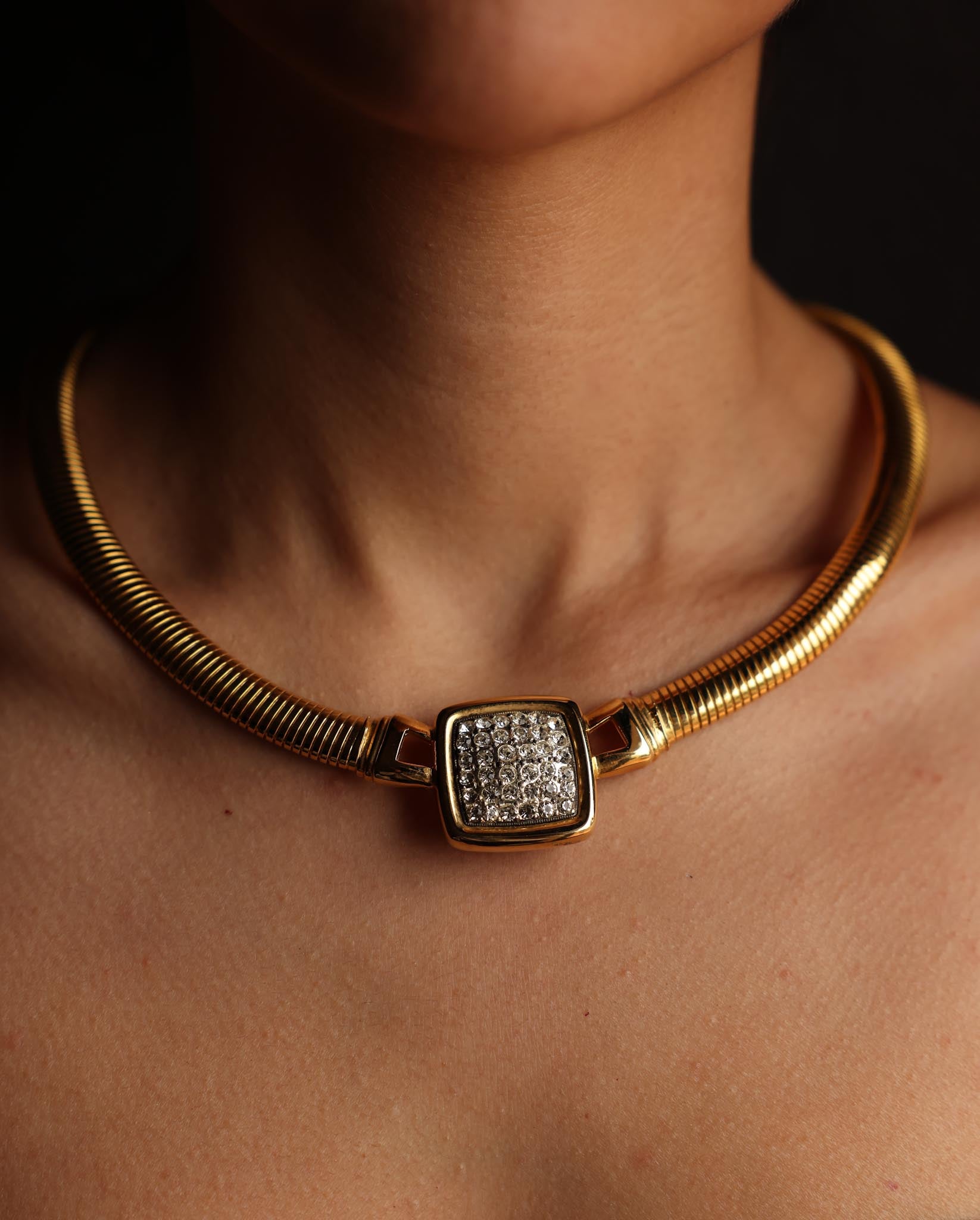 Gold-Toned Omega Chain Necklace with Pave Rhinestone Centerpiece|Vintage Baazaar 
