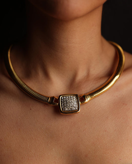 Gold-Toned Omega Chain Necklace with Pave Rhinestone Centerpiece|Vintage Baazaar 