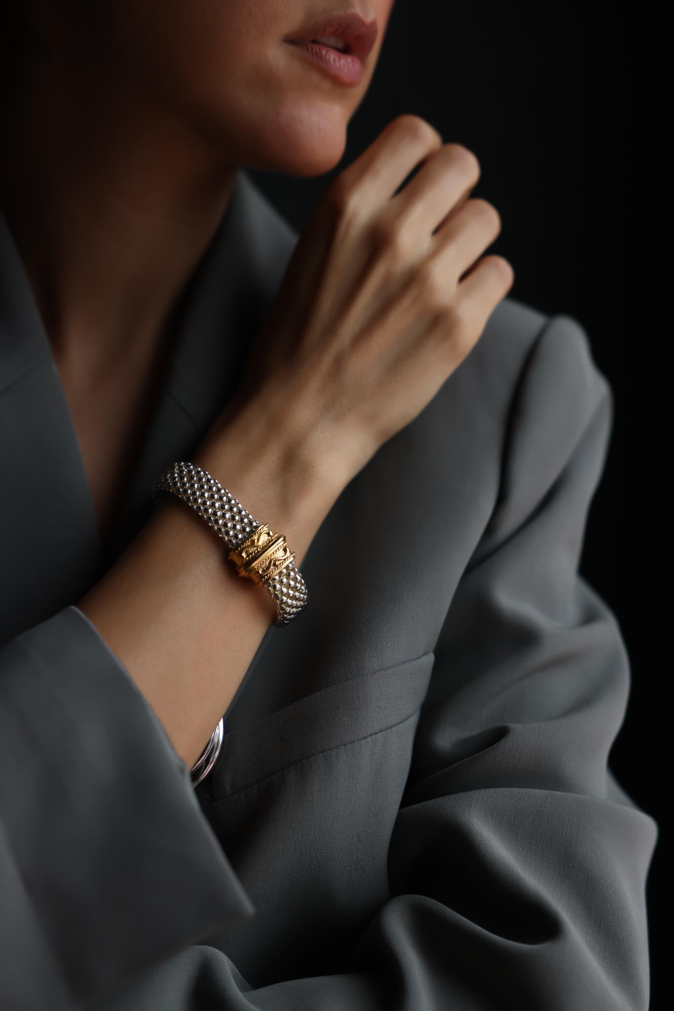 Two-Tone Mesh Bracelet with Gold Accents|Vintage Baazaar 