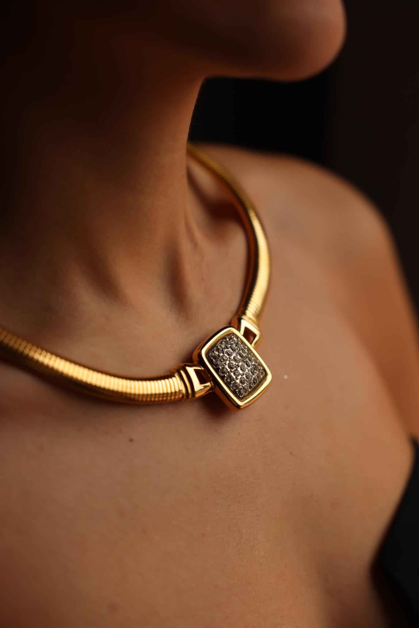 Gold-Toned Omega Chain Necklace with Pave Rhinestone Centerpiece|Vintage Baazaar 