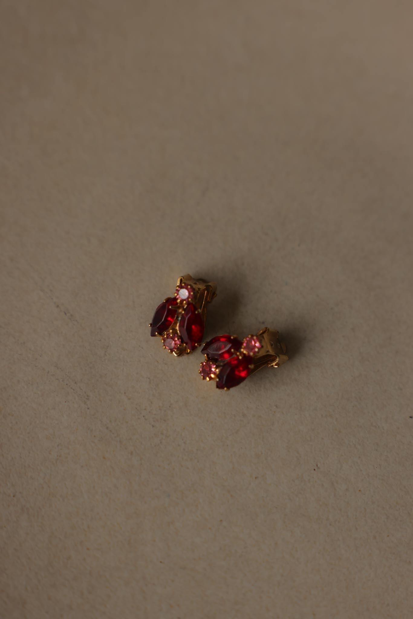 s Gold Plated Red Glass & Pink Rhinestone Clip-On Earrings|Vintage Baazaar 