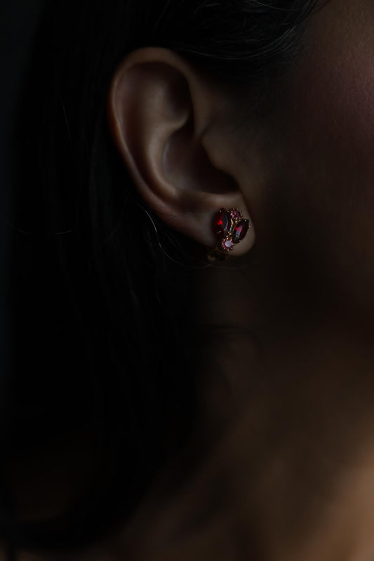 s Gold Plated Red Glass & Pink Rhinestone Clip-On Earrings|Vintage Baazaar 