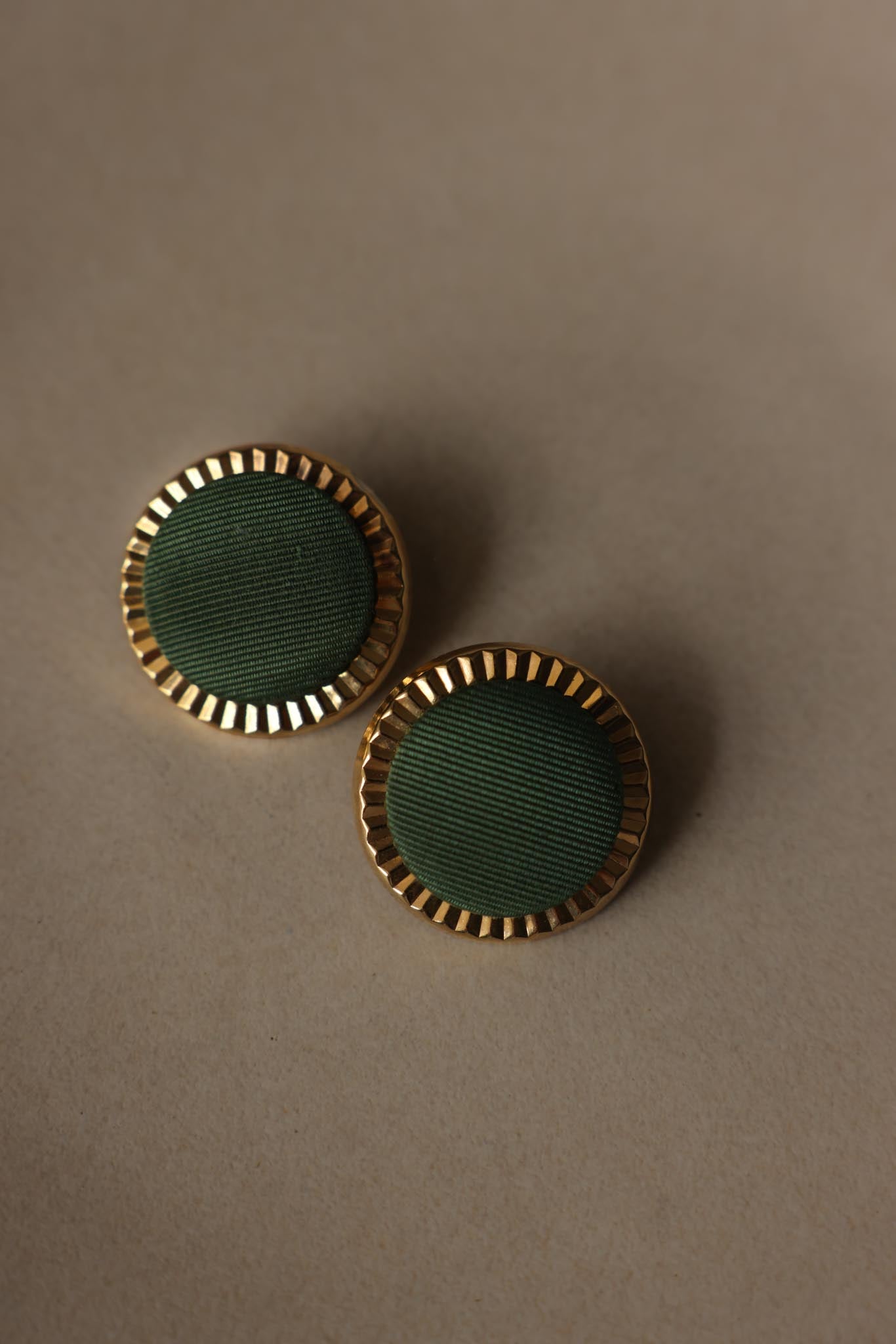 Gold Tone Green Fabric Round Clip-On Earrings