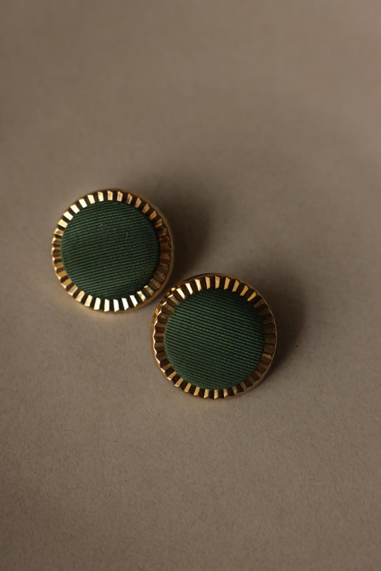 Gold Tone Green Fabric Round Clip-On Earrings