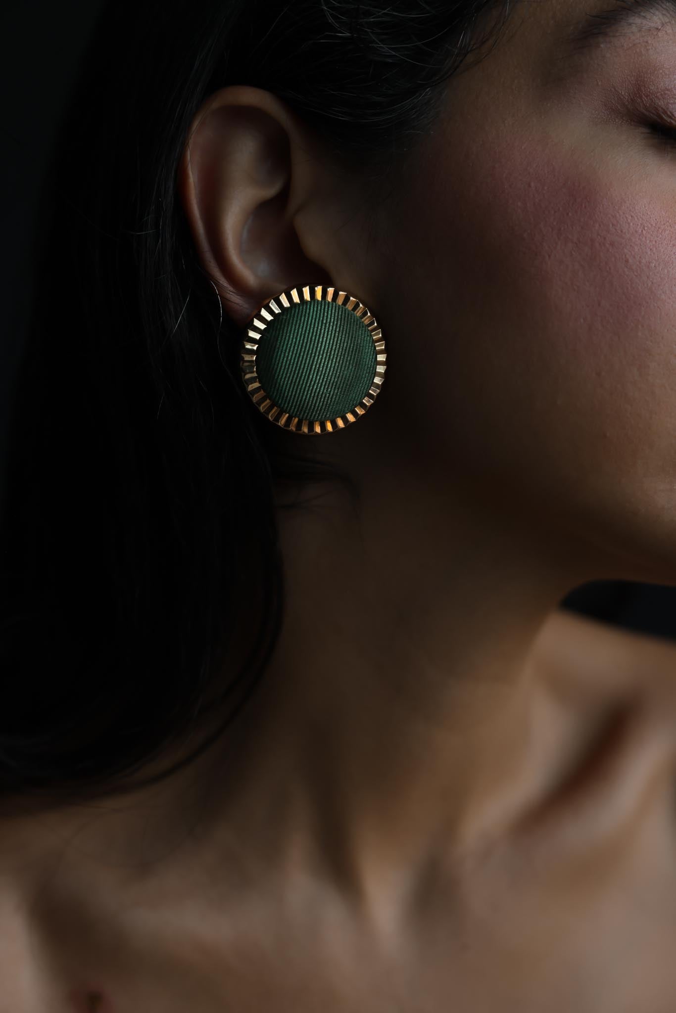 Gold Tone Green Fabric Round Clip-On Earrings