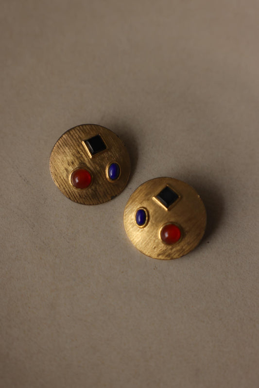 Les Bernard Matte Gold Multicolor Cabochon Clip-On Earrings|Vintage Baazaar 