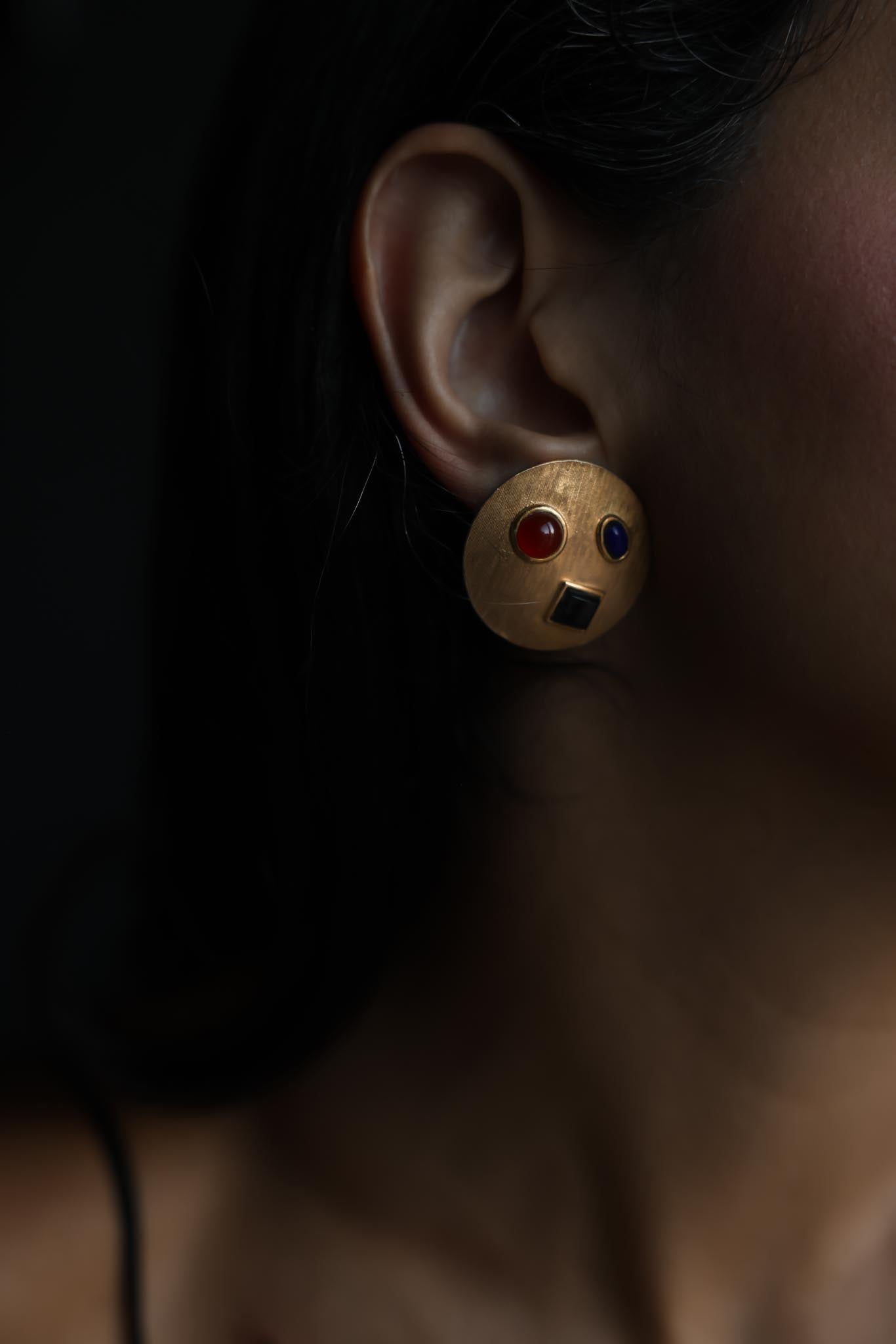 Les Bernard Matte Gold Multicolor Cabochon Clip-On Earrings|Vintage Baazaar 