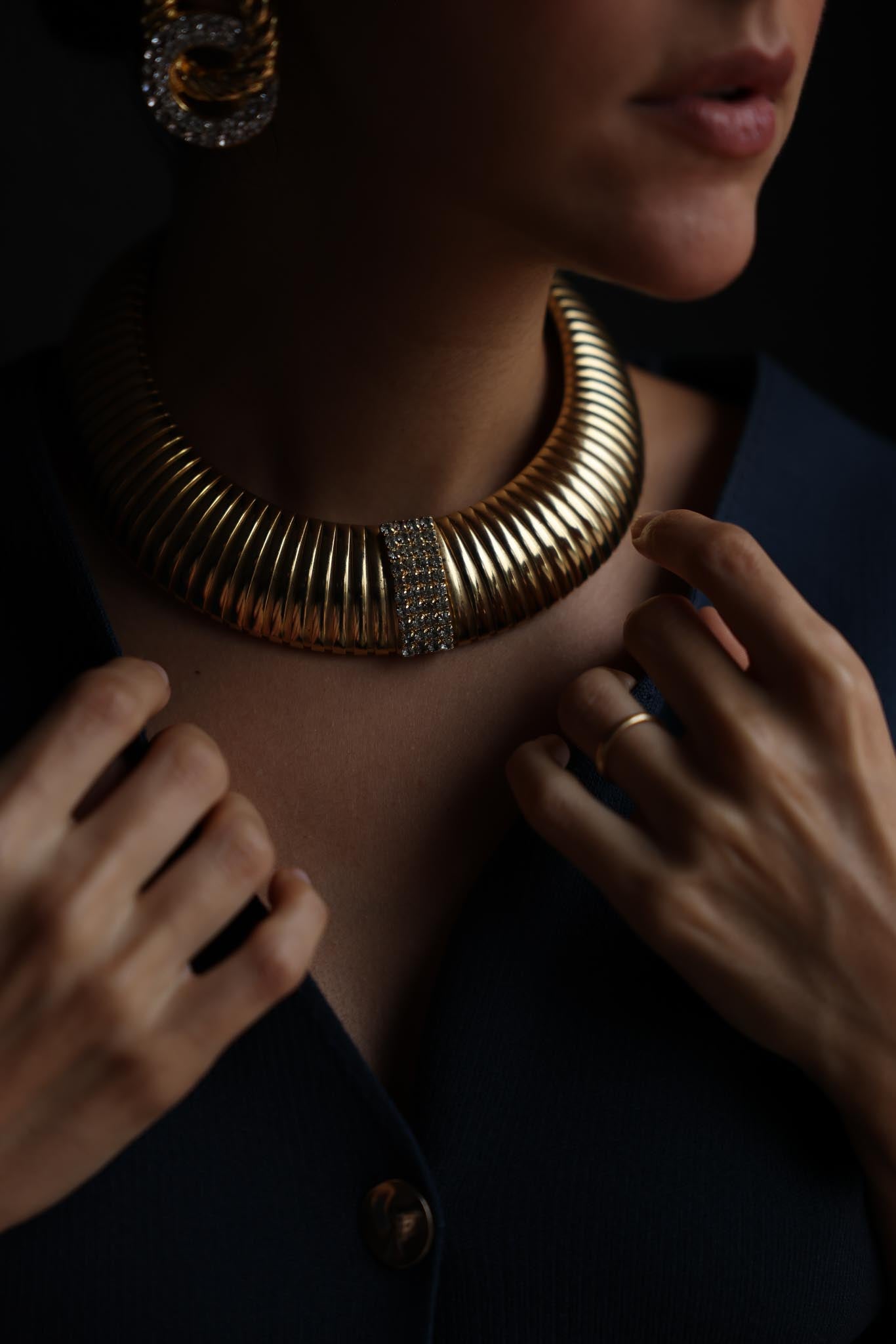 Gold-Tone Omega Collar Necklace with Rhinestone Accent|Vintage Baazaar 