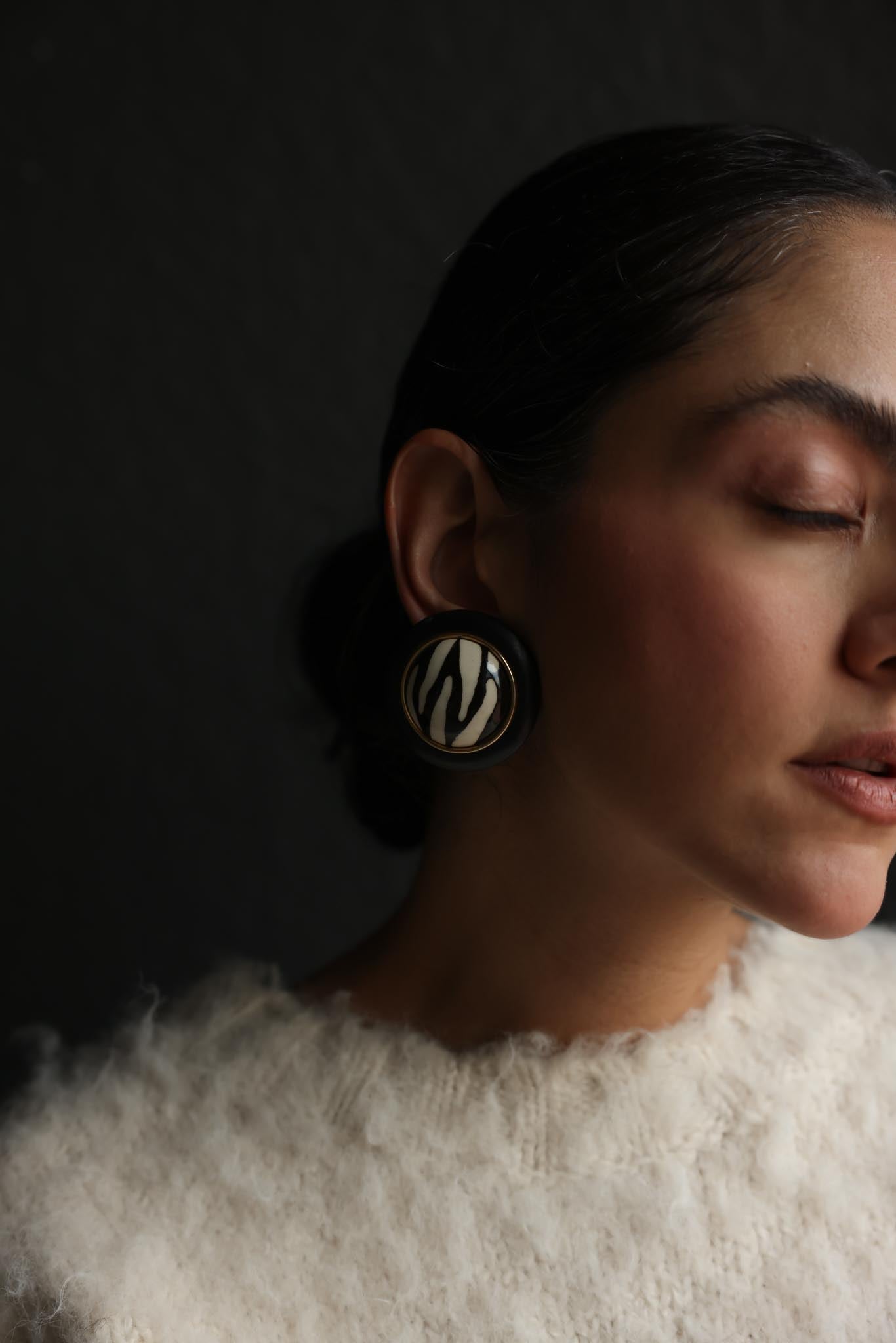 Zebra Round Clip-On Earrings in Gold Tone