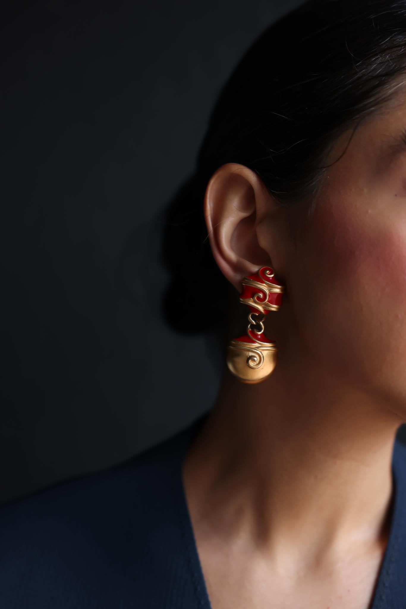 Matte Gold and Red Enamel Drop Clip-On Earrings|Vintage Baazaar 