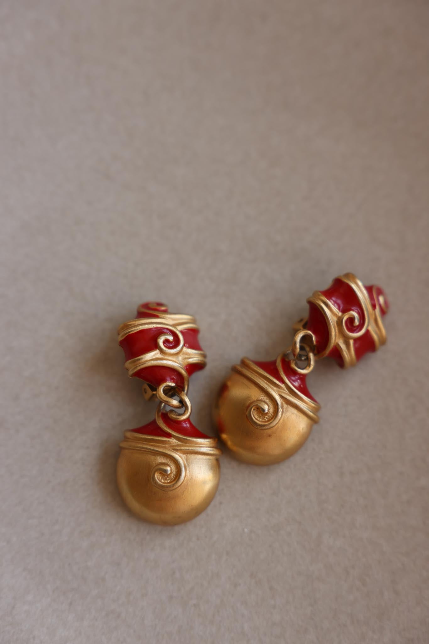 Matte Gold and Red Enamel Drop Clip-On Earrings|Vintage Baazaar 