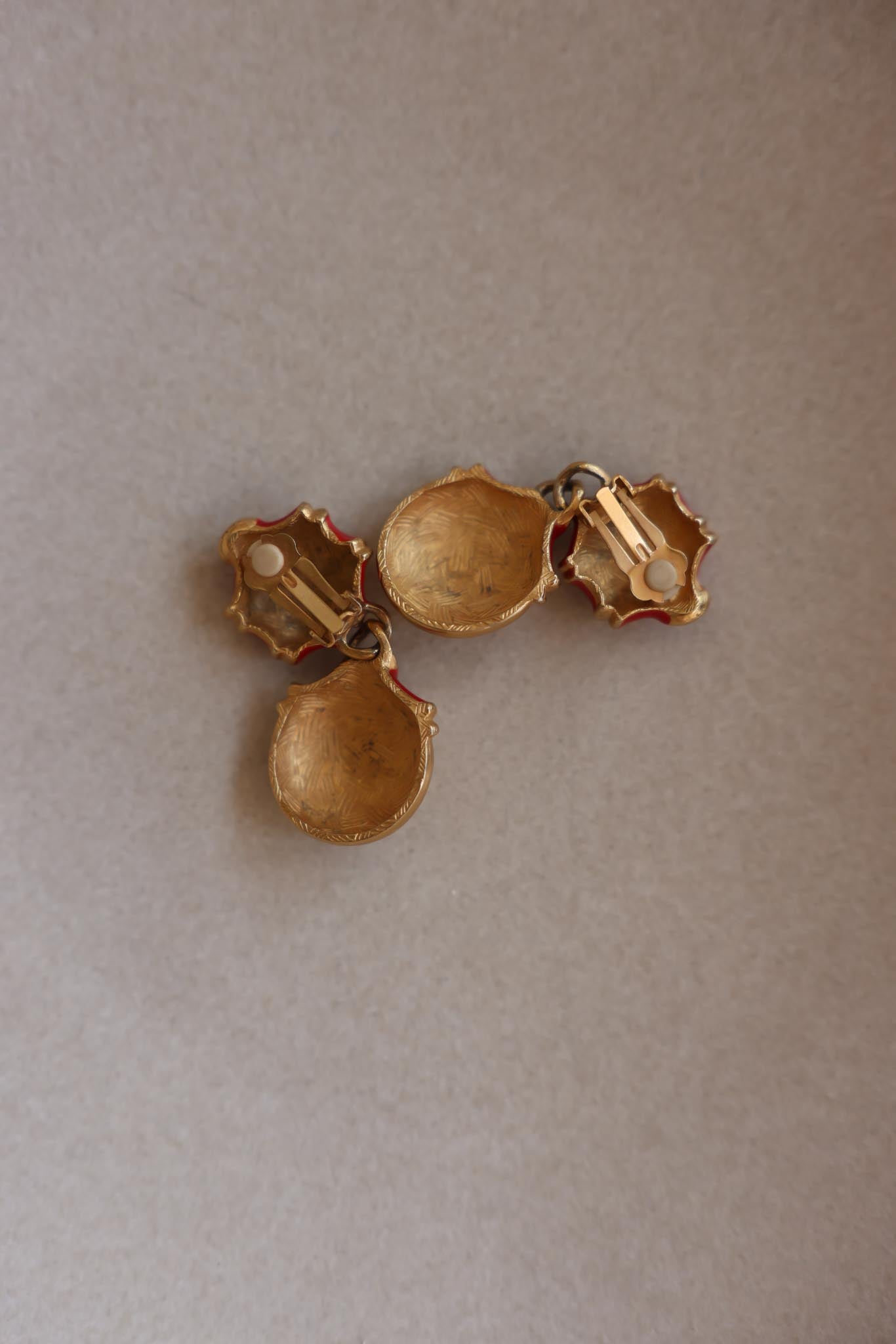Matte Gold and Red Enamel Drop Clip-On Earrings|Vintage Baazaar 