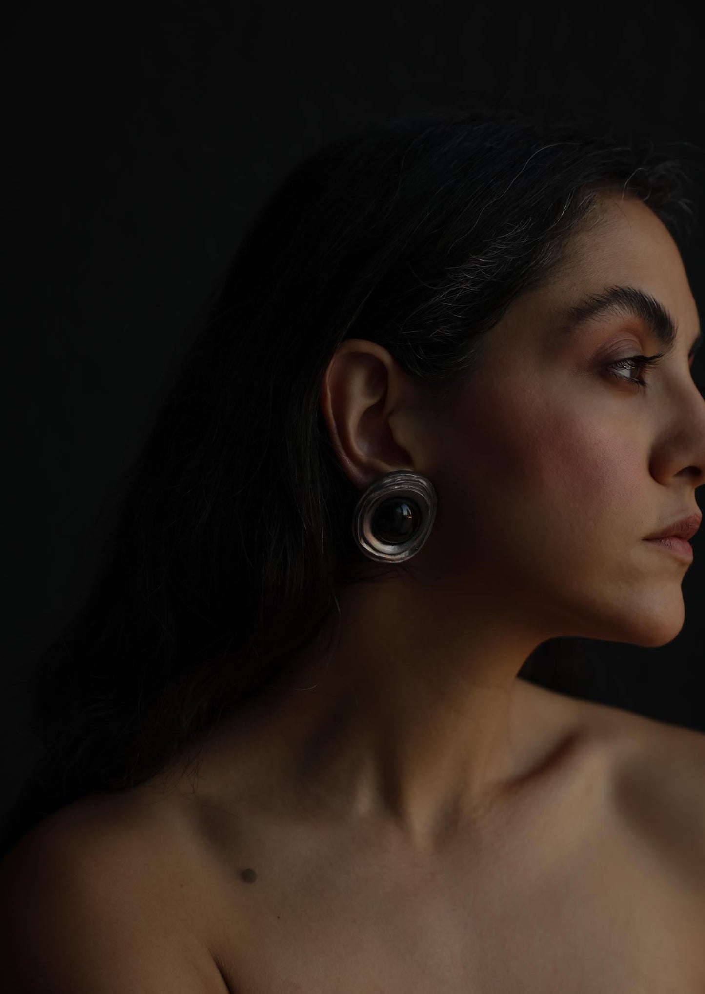 Sculptural Silver-Tone Black Cabochon Clip-On Earrings