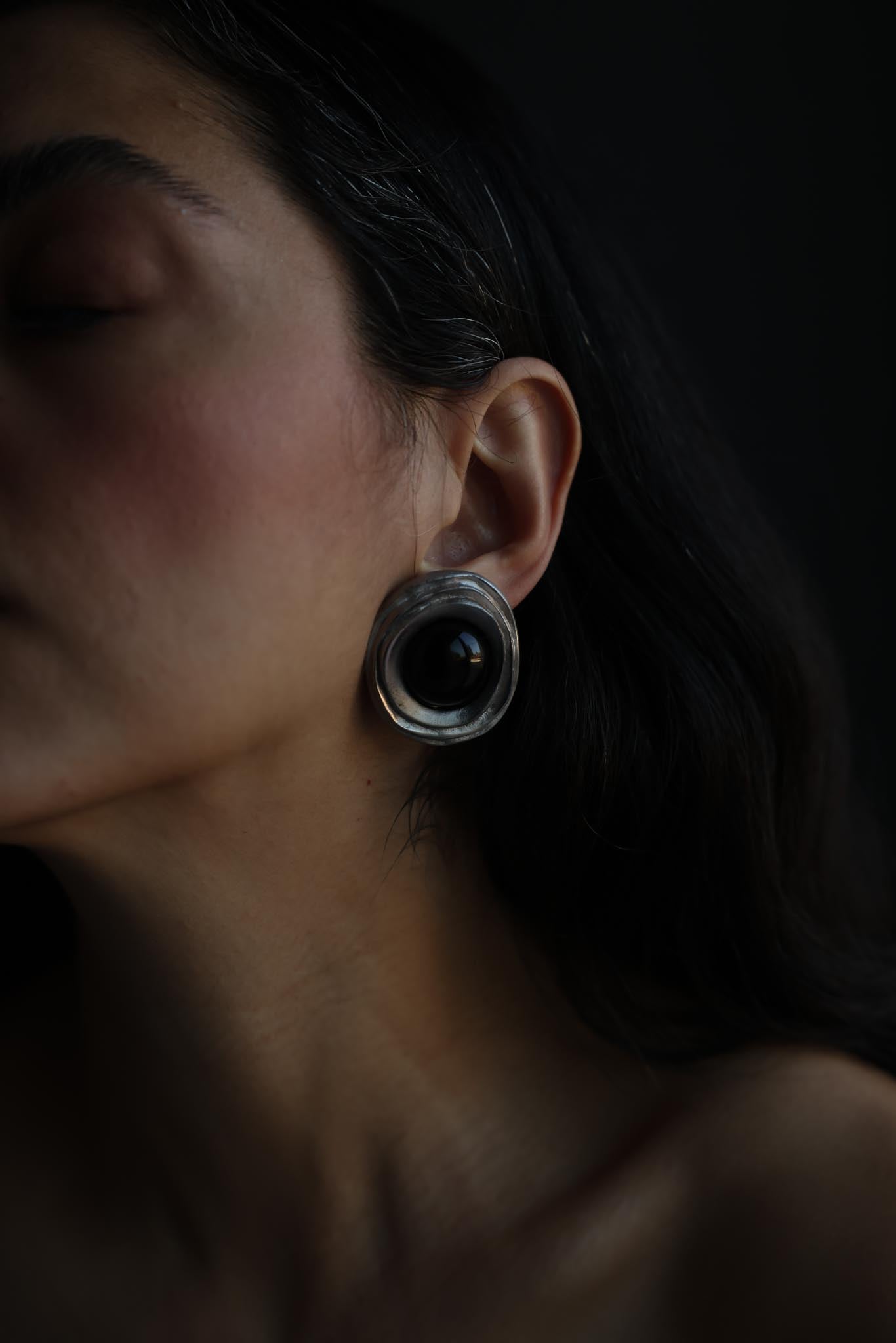 Sculptural Silver-Tone Black Cabochon Clip-On Earrings