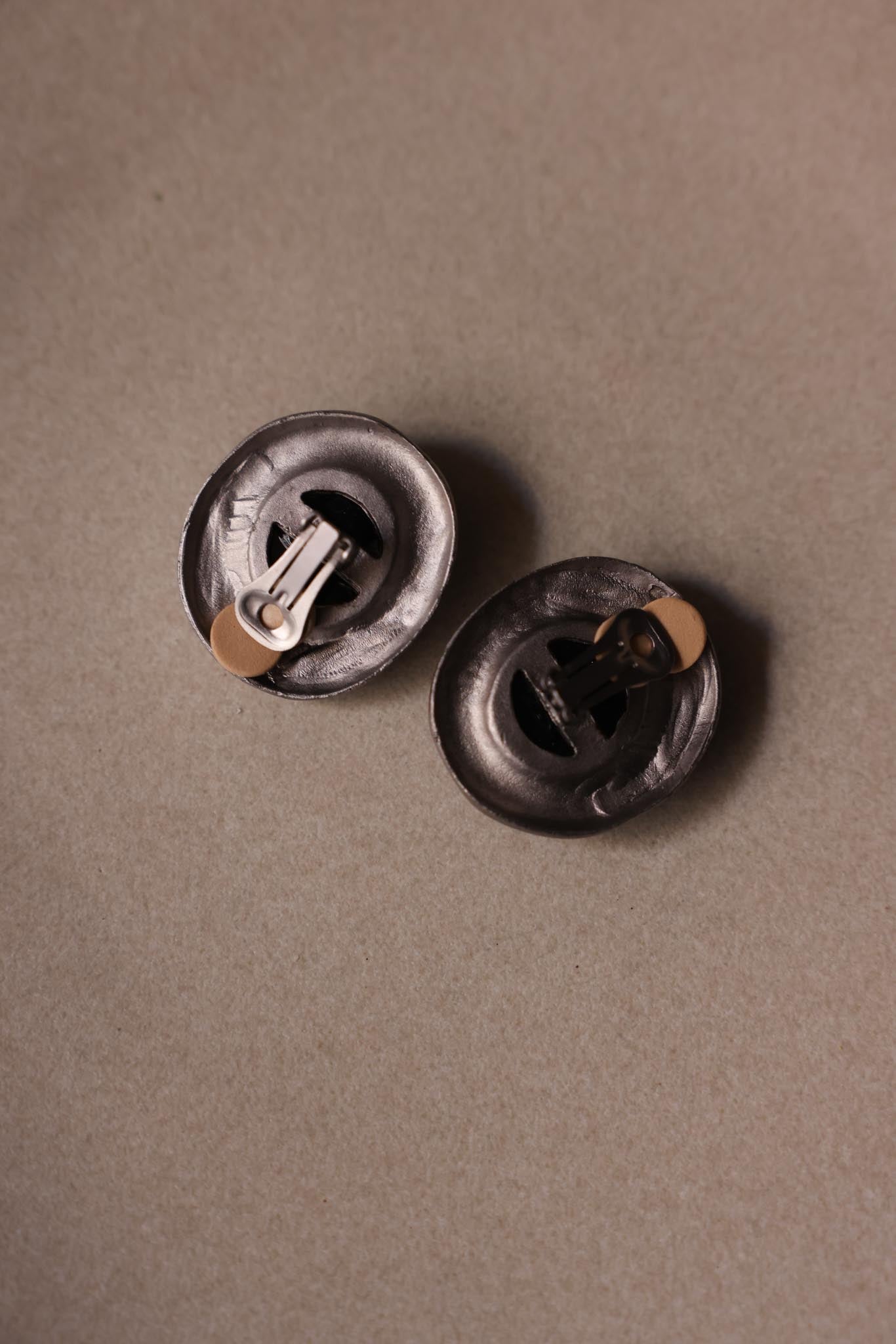 Sculptural Silver-Tone Black Cabochon Clip-On Earrings