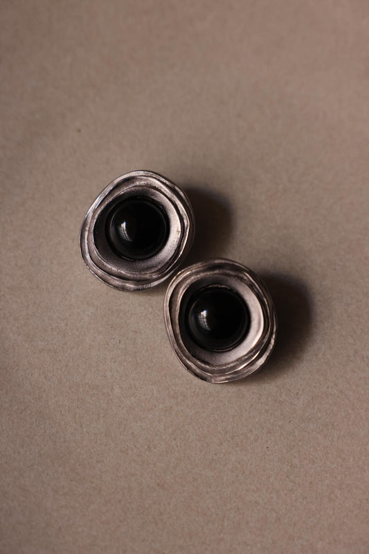 Sculptural Silver-Tone Black Cabochon Clip-On Earrings