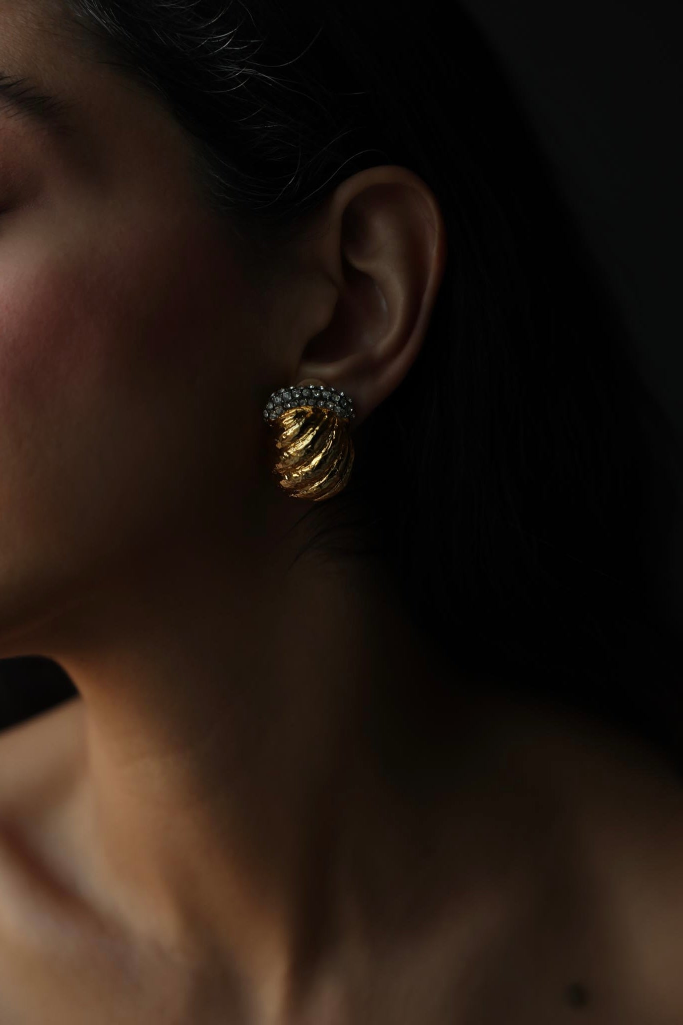 Ribbed Gold-Tone Rhinestone Clip-On Earrings
