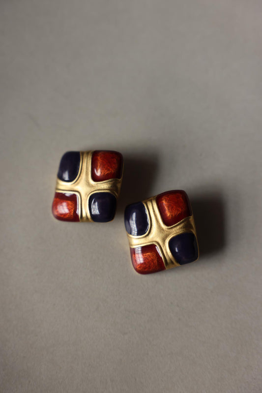 Matte Gold and Enamel Clip-On Earrings