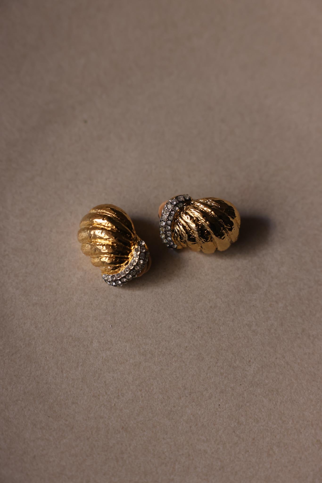 Ribbed Gold-Tone Rhinestone Clip-On Earrings