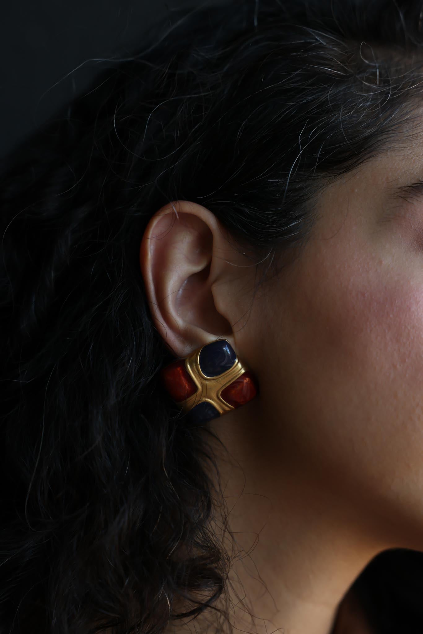 Matte Gold and Enamel Clip-On Earrings