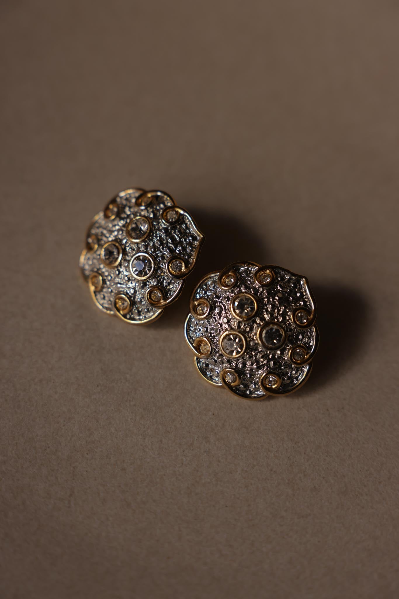 Two-Tone Rhinestone Floral Clip-On Earrings|Vintage Baazaar 