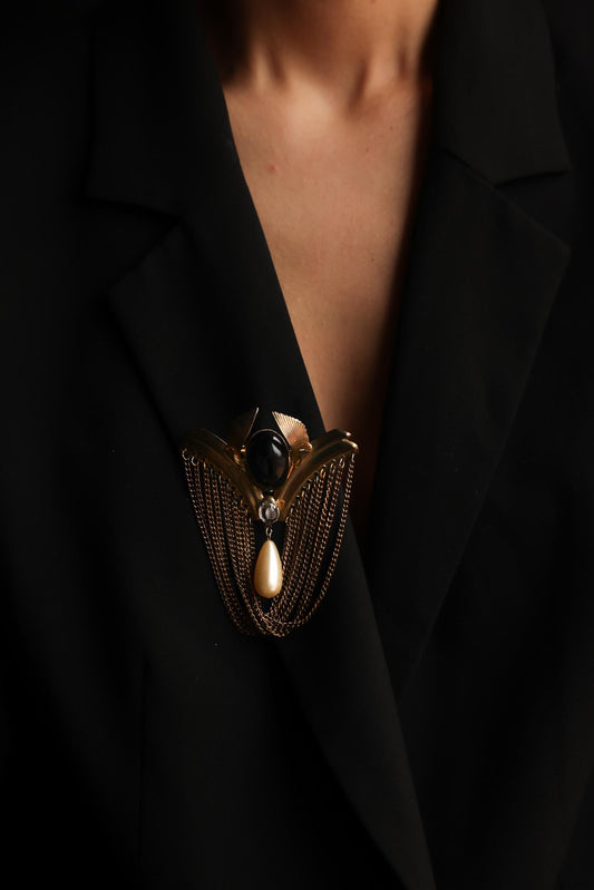 Art Deco Revival Gold-Toned Brooch with Chains and Faux Pearl Drop|Vintage Baazaar 