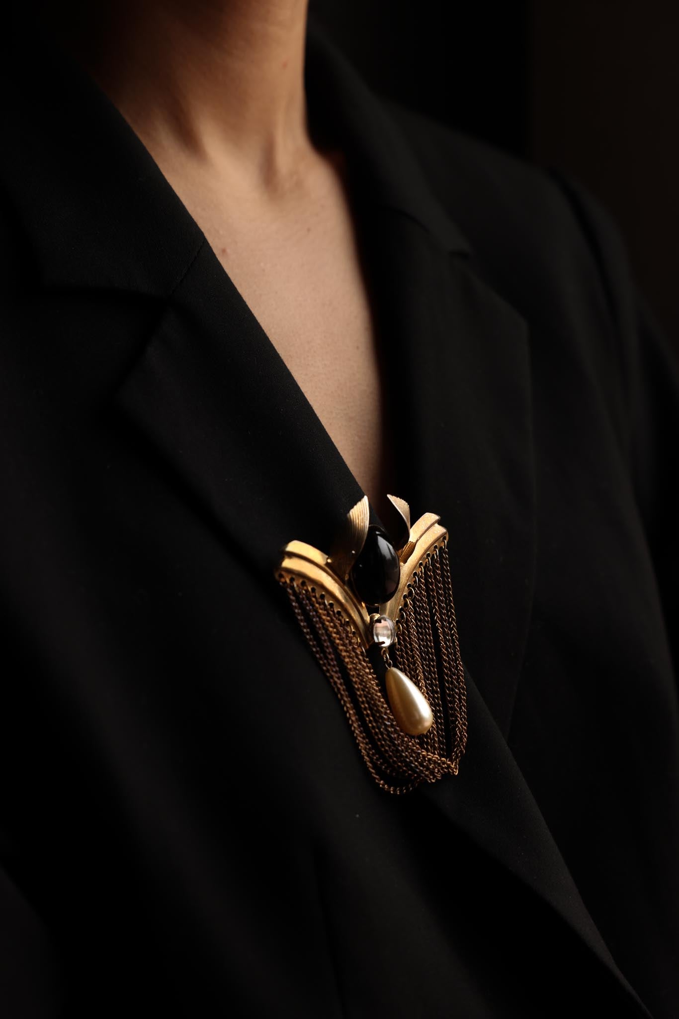 Art Deco Revival Gold-Toned Brooch with Chains and Faux Pearl Drop|Vintage Baazaar 