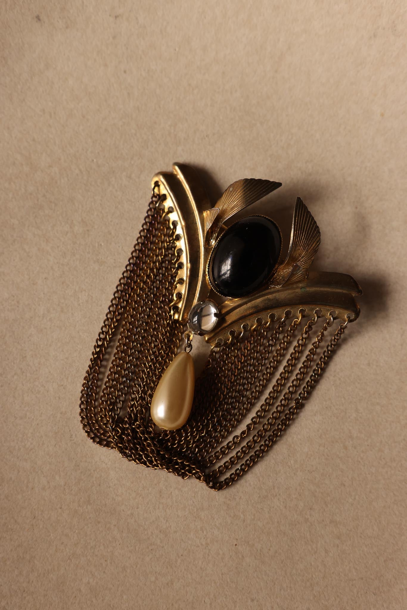 Art Deco Revival Gold-Toned Brooch with Chains and Faux Pearl Drop|Vintage Baazaar 