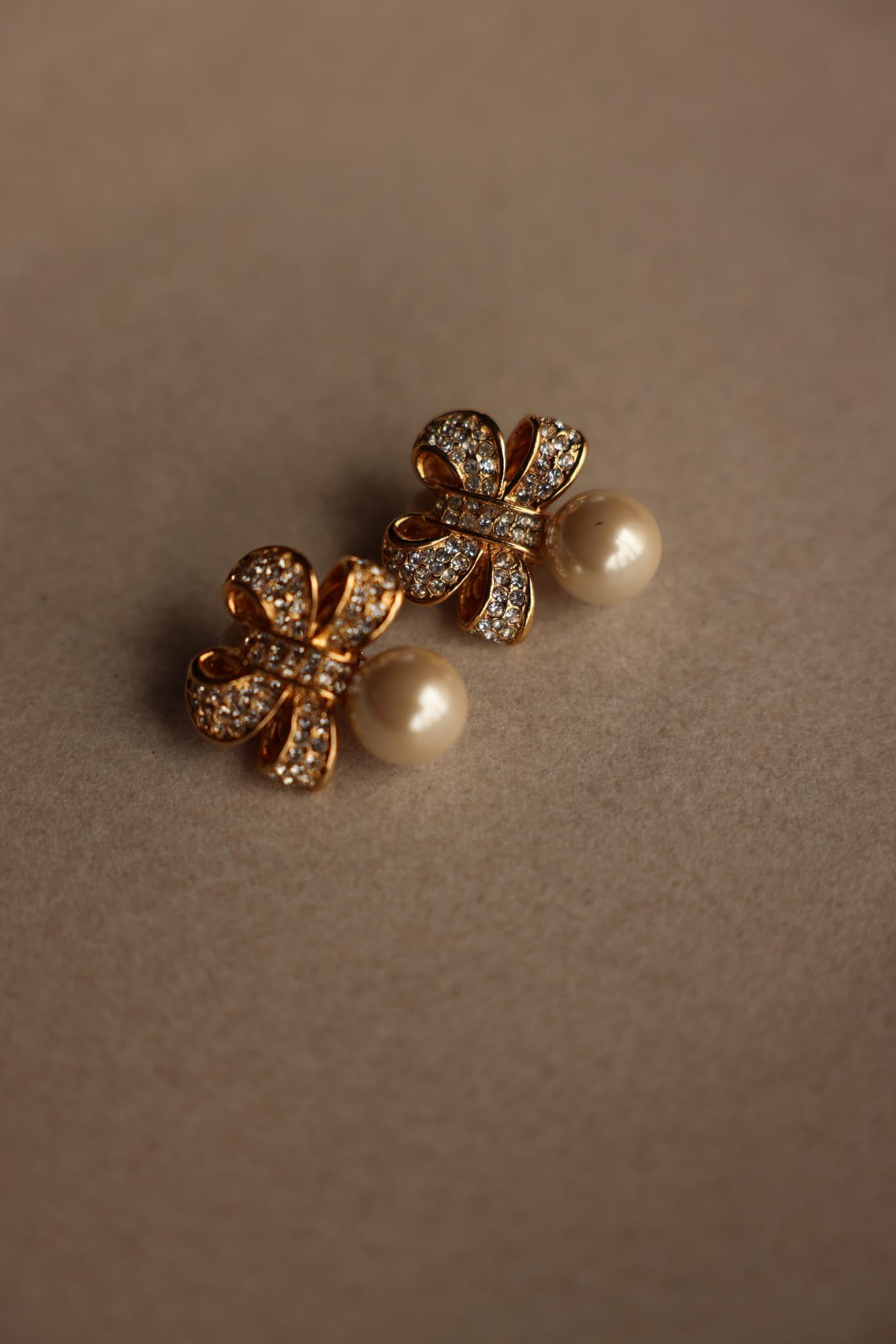 Gold Bow Clip-On Earrings with Faux Pearl and Rhinestones|Vintage Baazaar 