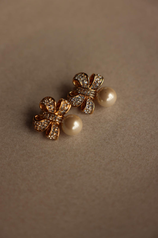 Gold Bow Clip-On Earrings with Faux Pearl and Rhinestones|Vintage Baazaar 