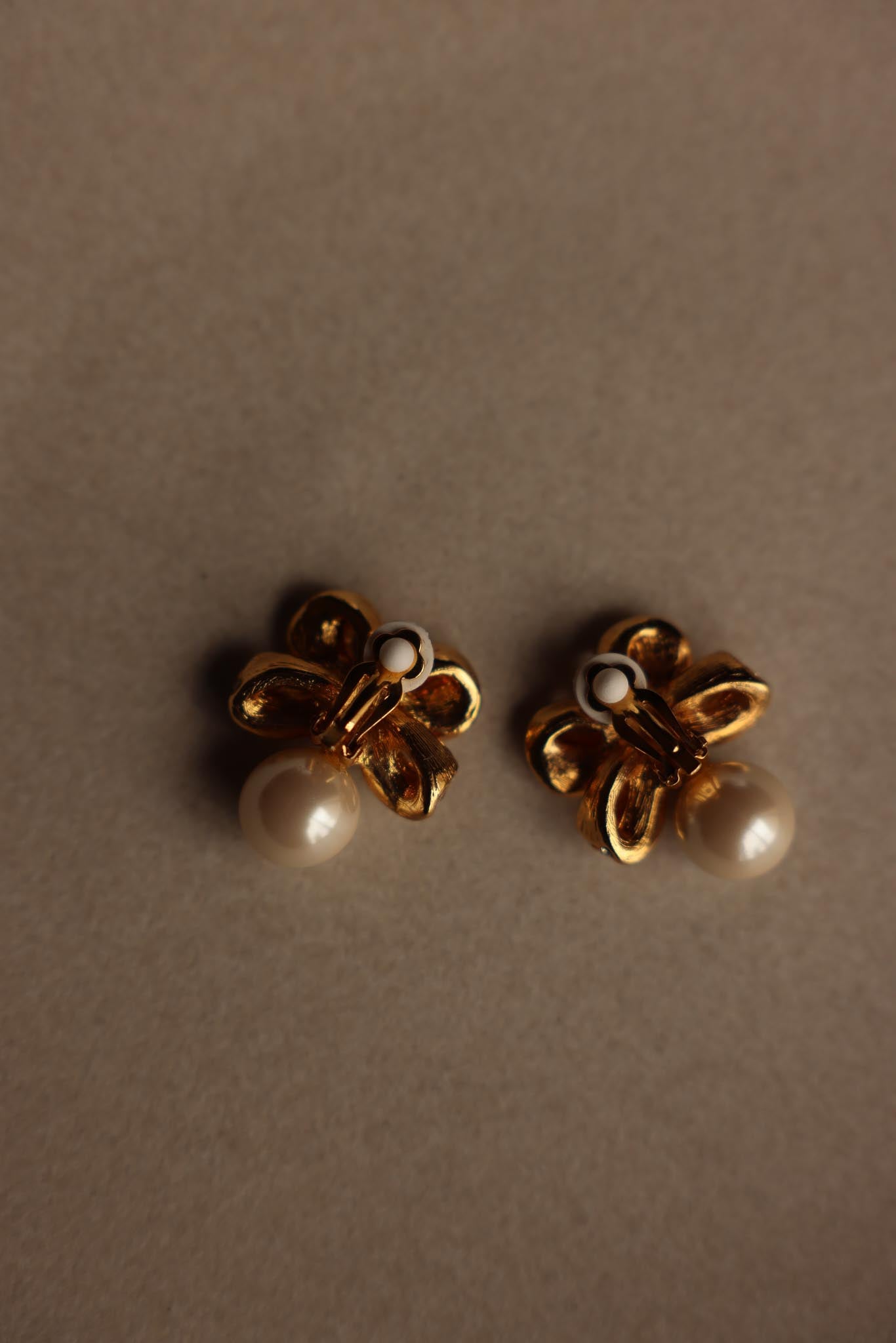 Gold Bow Clip-On Earrings with Faux Pearl and Rhinestones|Vintage Baazaar 