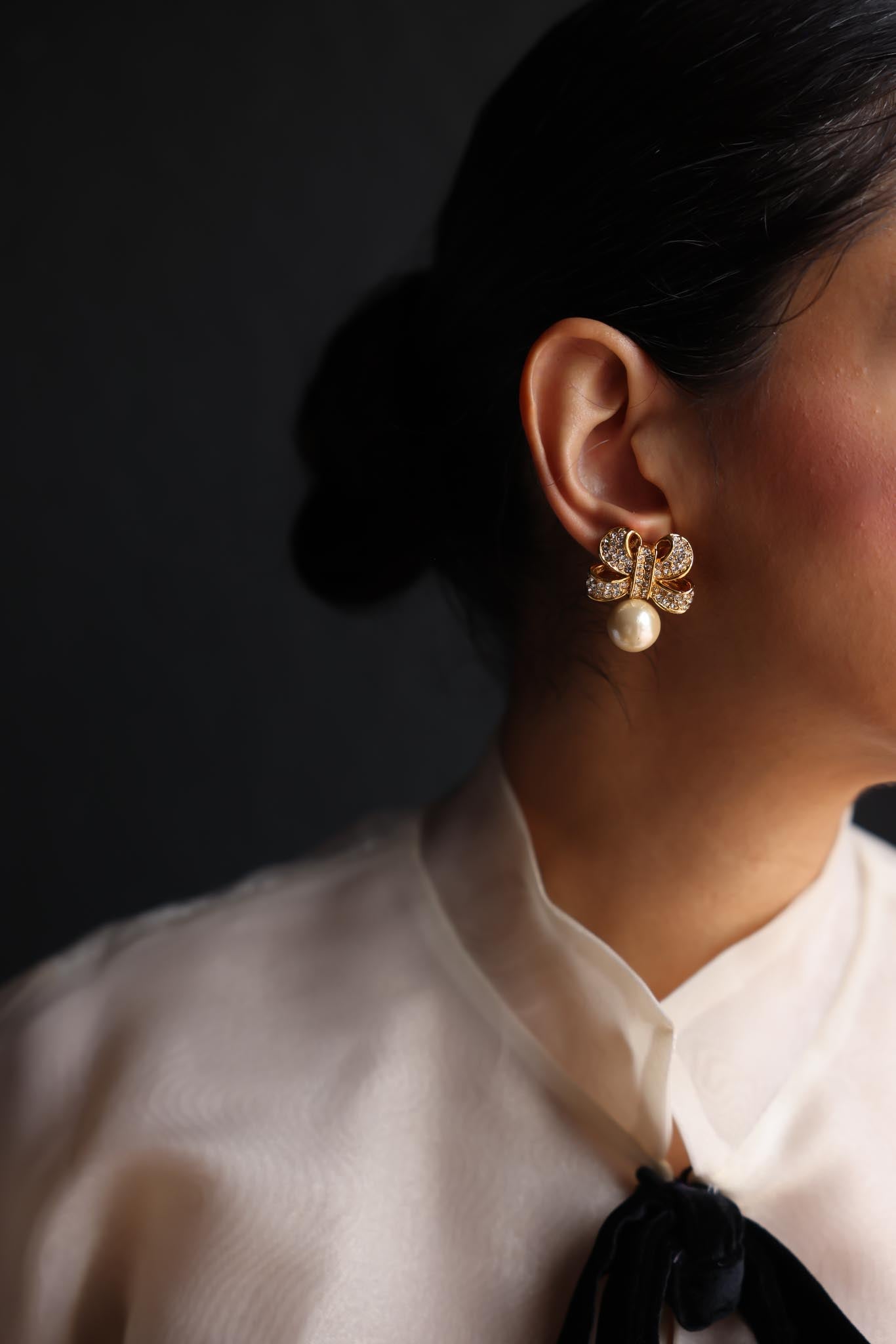 Gold Bow Clip-On Earrings with Faux Pearl and Rhinestones|Vintage Baazaar 