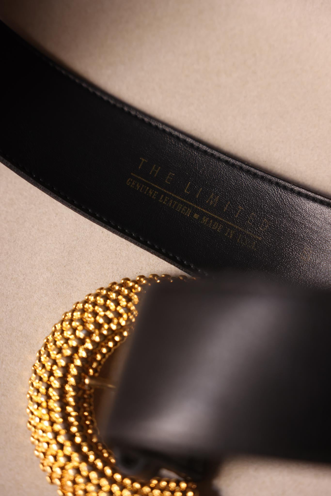 The Limited Black Leather Belt With Textured Gold-Tone Buckle size S