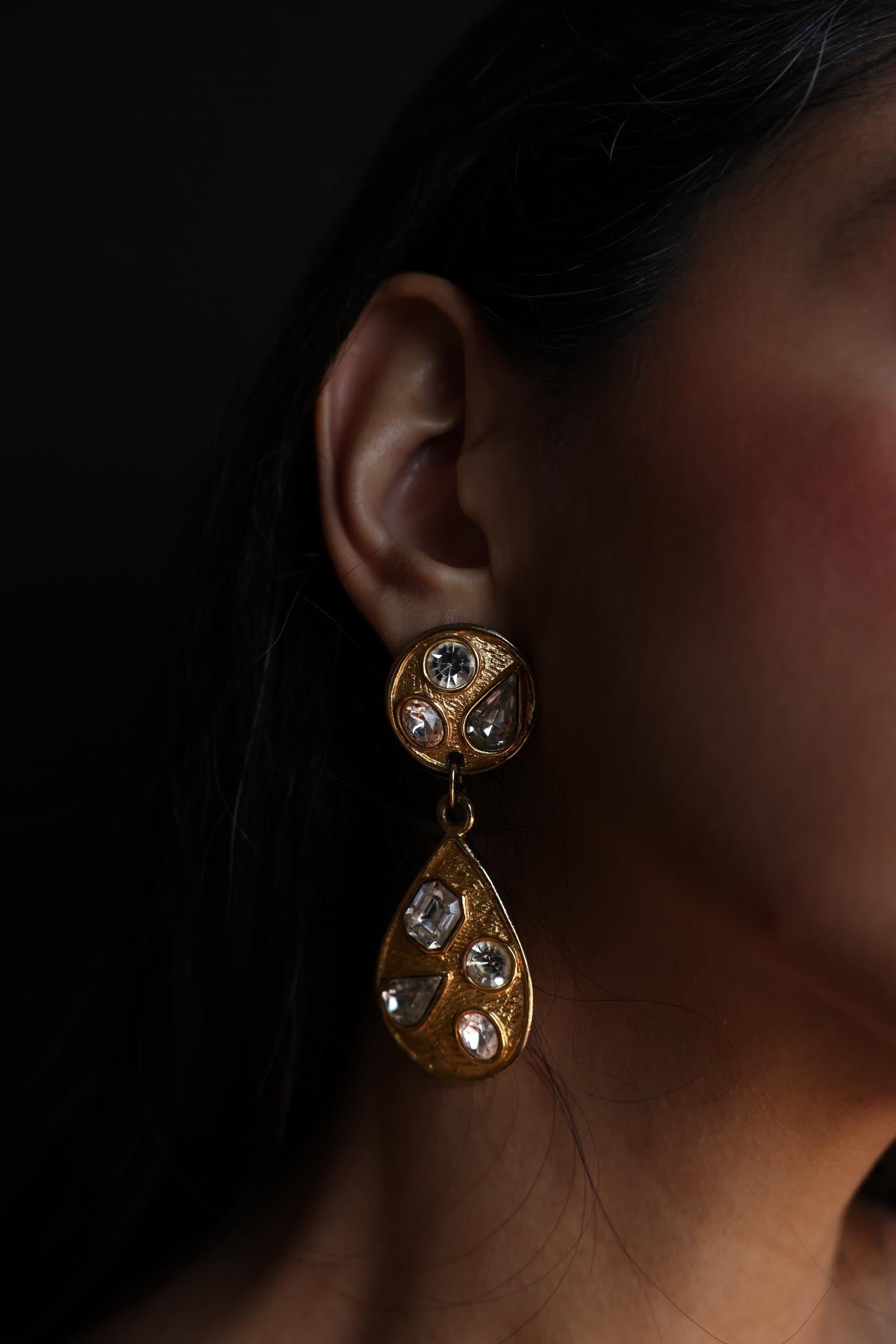 CJD Gold-Toned Crystal Clip-On Earrings|Vintage Baazaar 