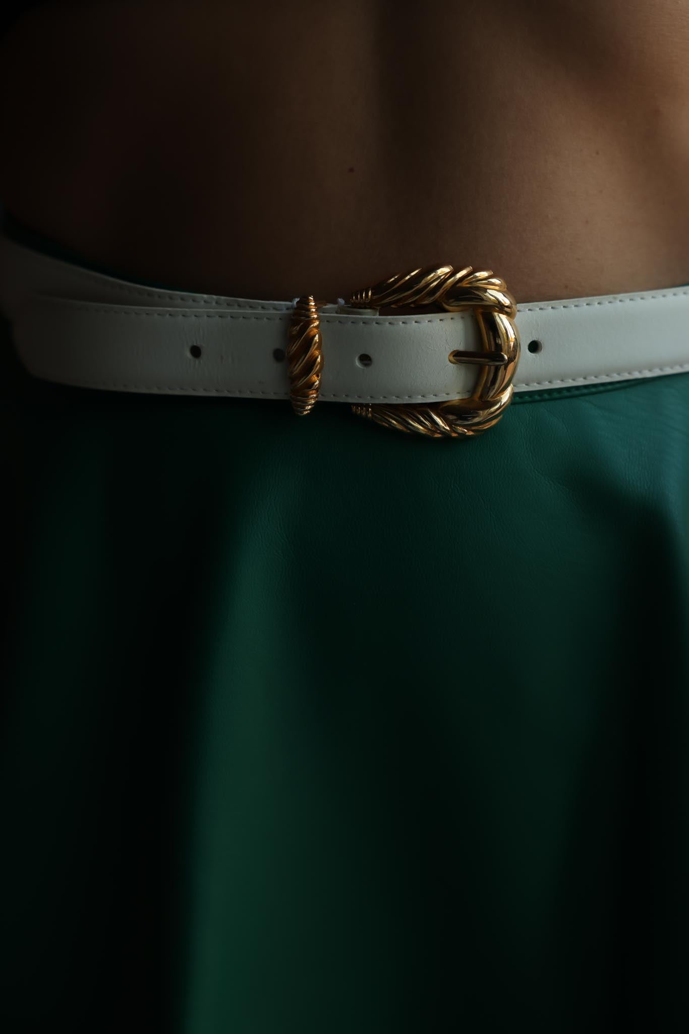 White Leather Belt With Twisted Gold-Tone Buckle