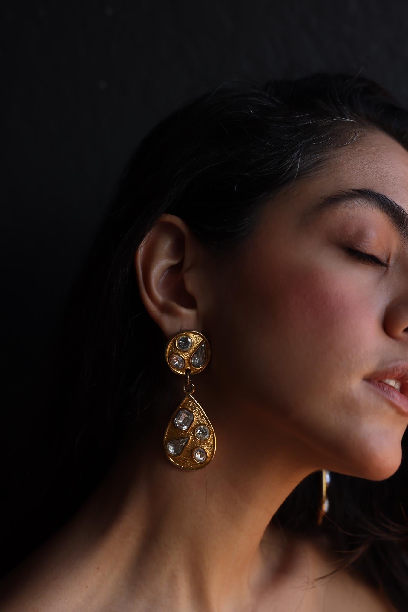 CJD Gold-Toned Crystal Clip-On Earrings|Vintage Baazaar 