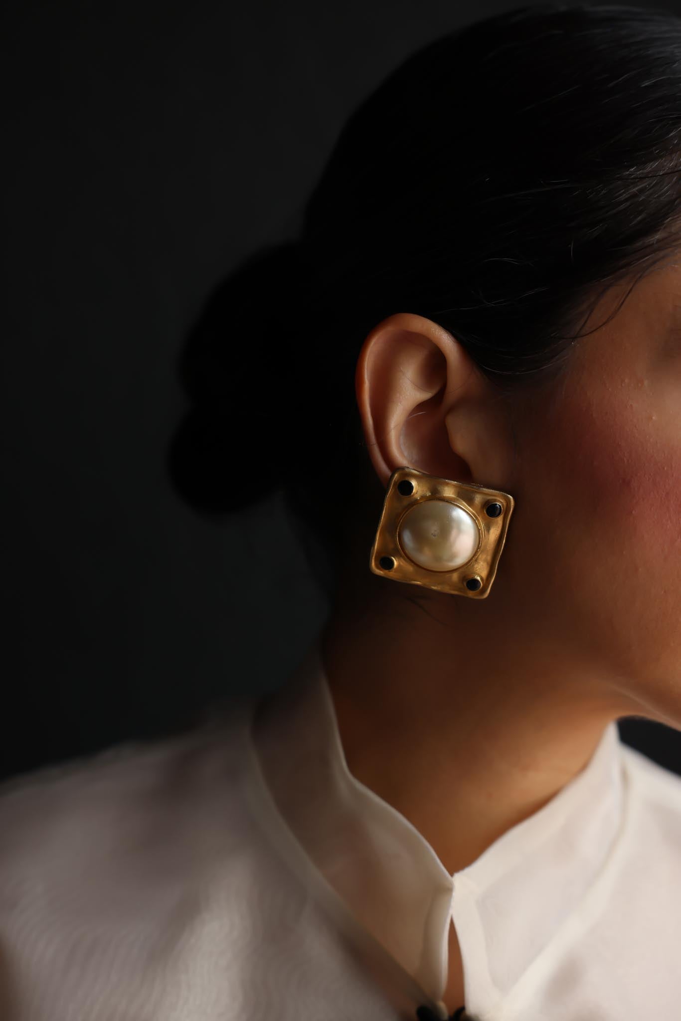 Matte Gold Square Clip-On Earrings with Faux Pearl|Vintage Baazaar 