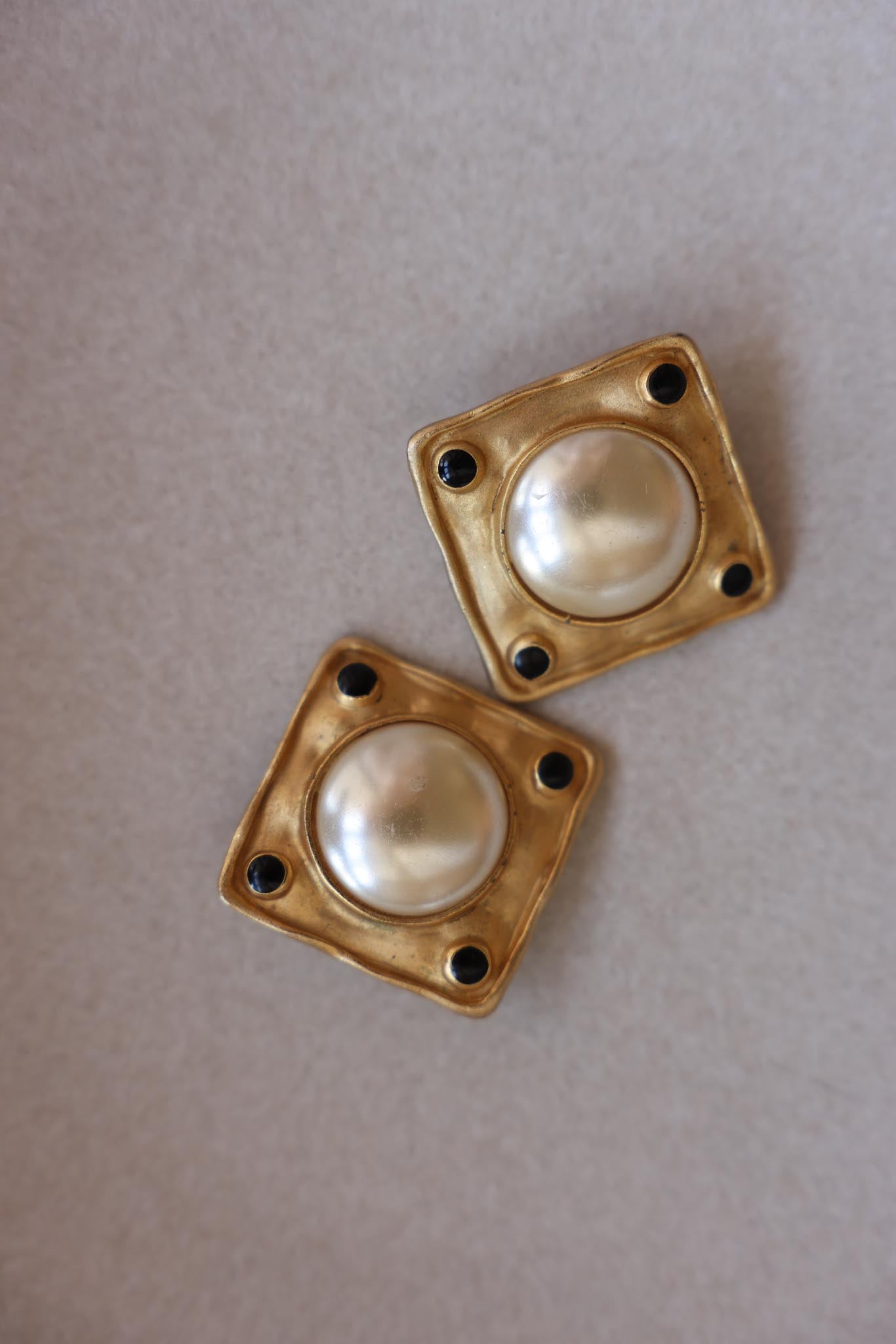 Matte Gold Square Clip-On Earrings with Faux Pearl|Vintage Baazaar 