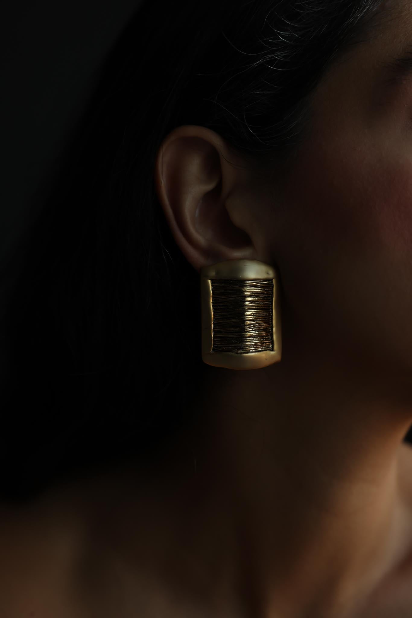 Matte Gold Rectangular Textured Clip-On Earrings