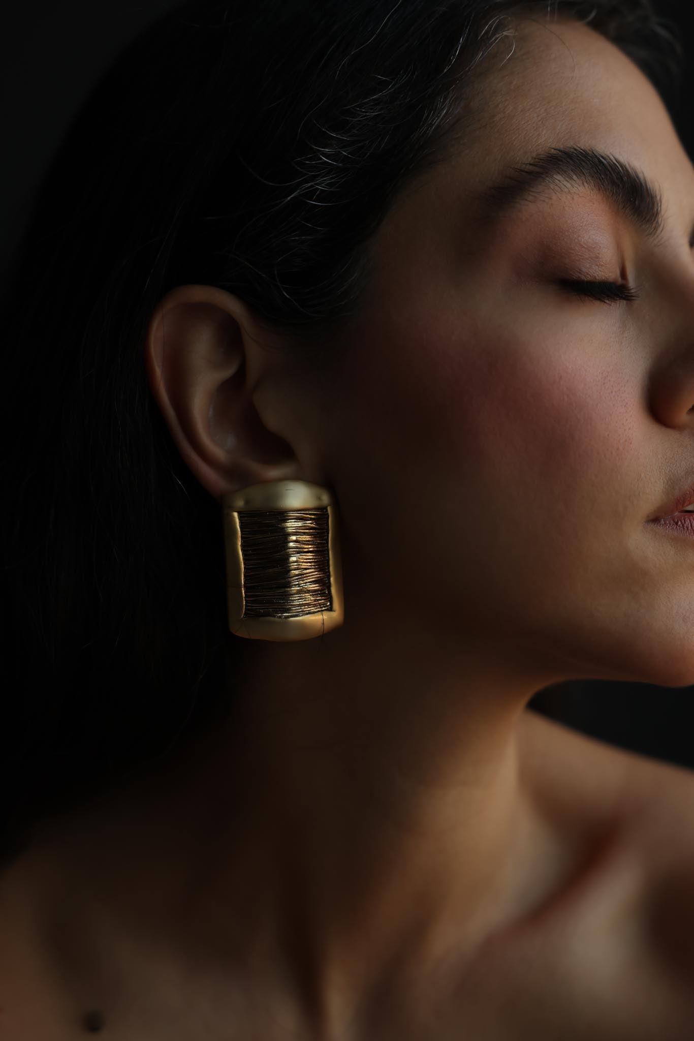 Matte Gold Rectangular Textured Clip-On Earrings
