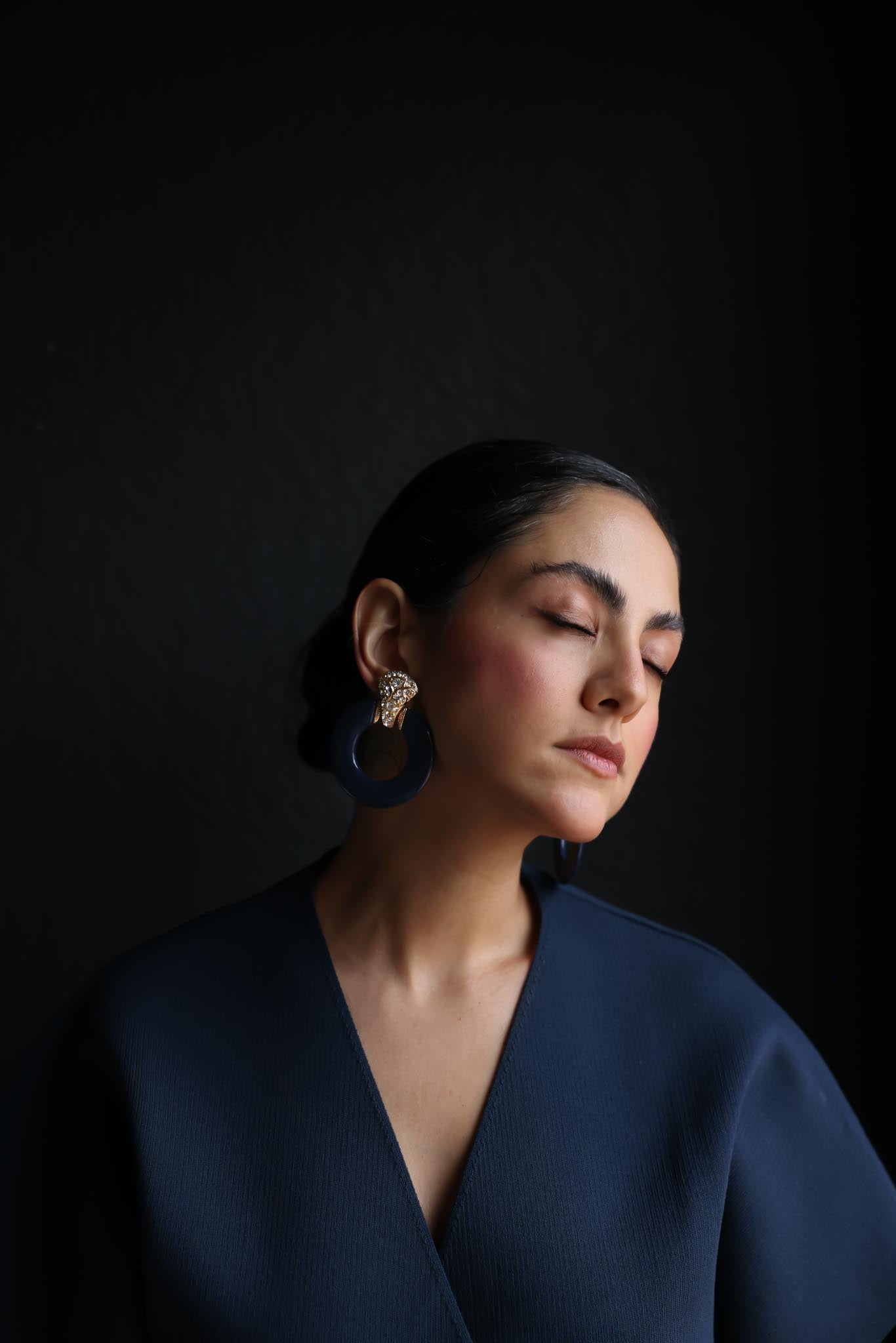Navy & Gold Clip-On Hoop Earrings with Rhinestone Detail|Vintage Baazaar 