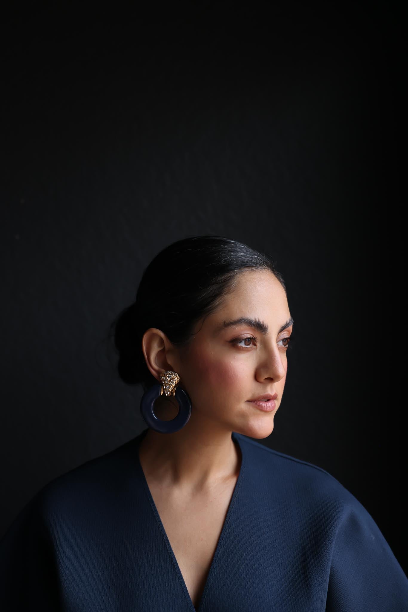 Navy & Gold Clip-On Hoop Earrings with Rhinestone Detail|Vintage Baazaar 