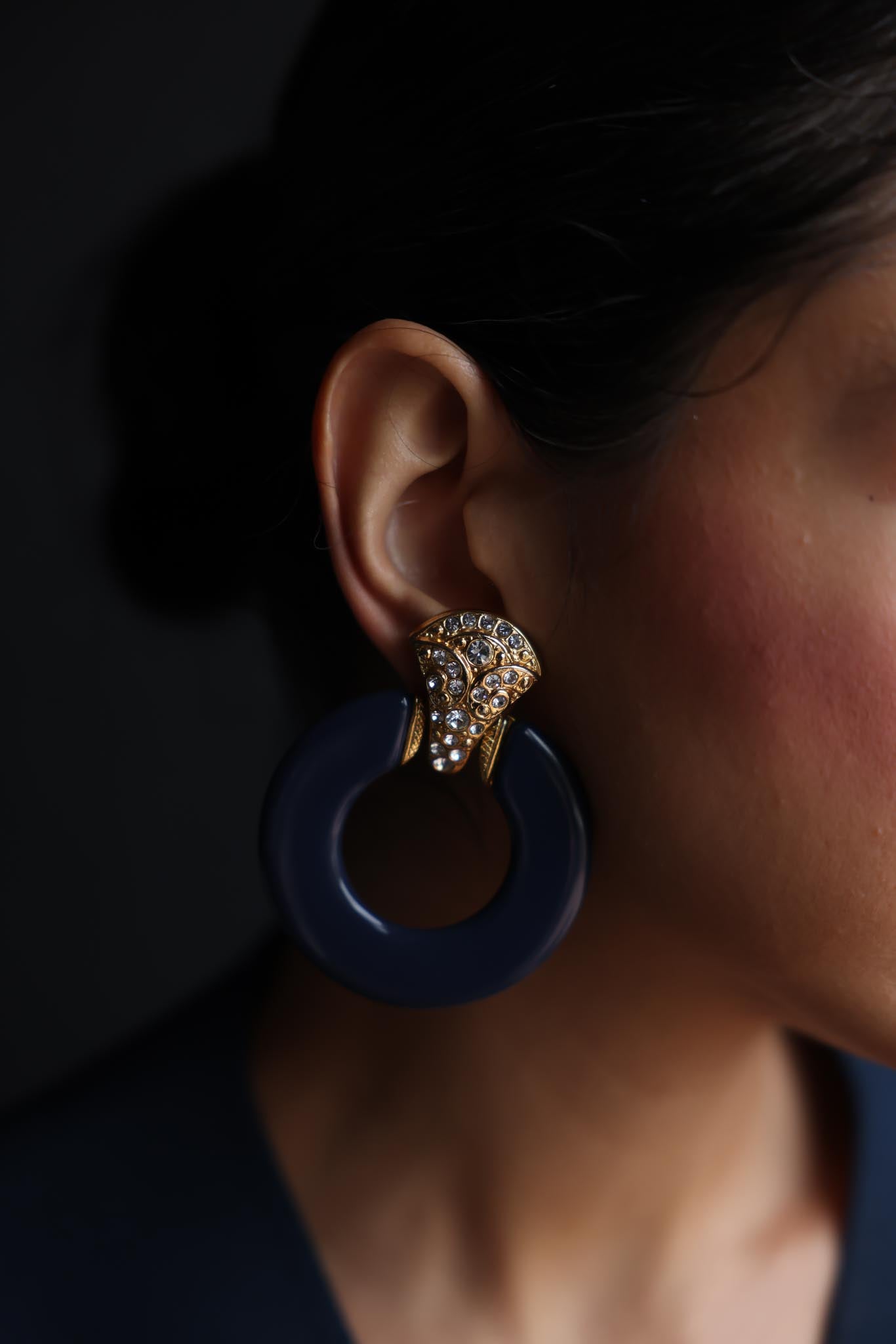 Navy & Gold Clip-On Hoop Earrings with Rhinestone Detail|Vintage Baazaar 